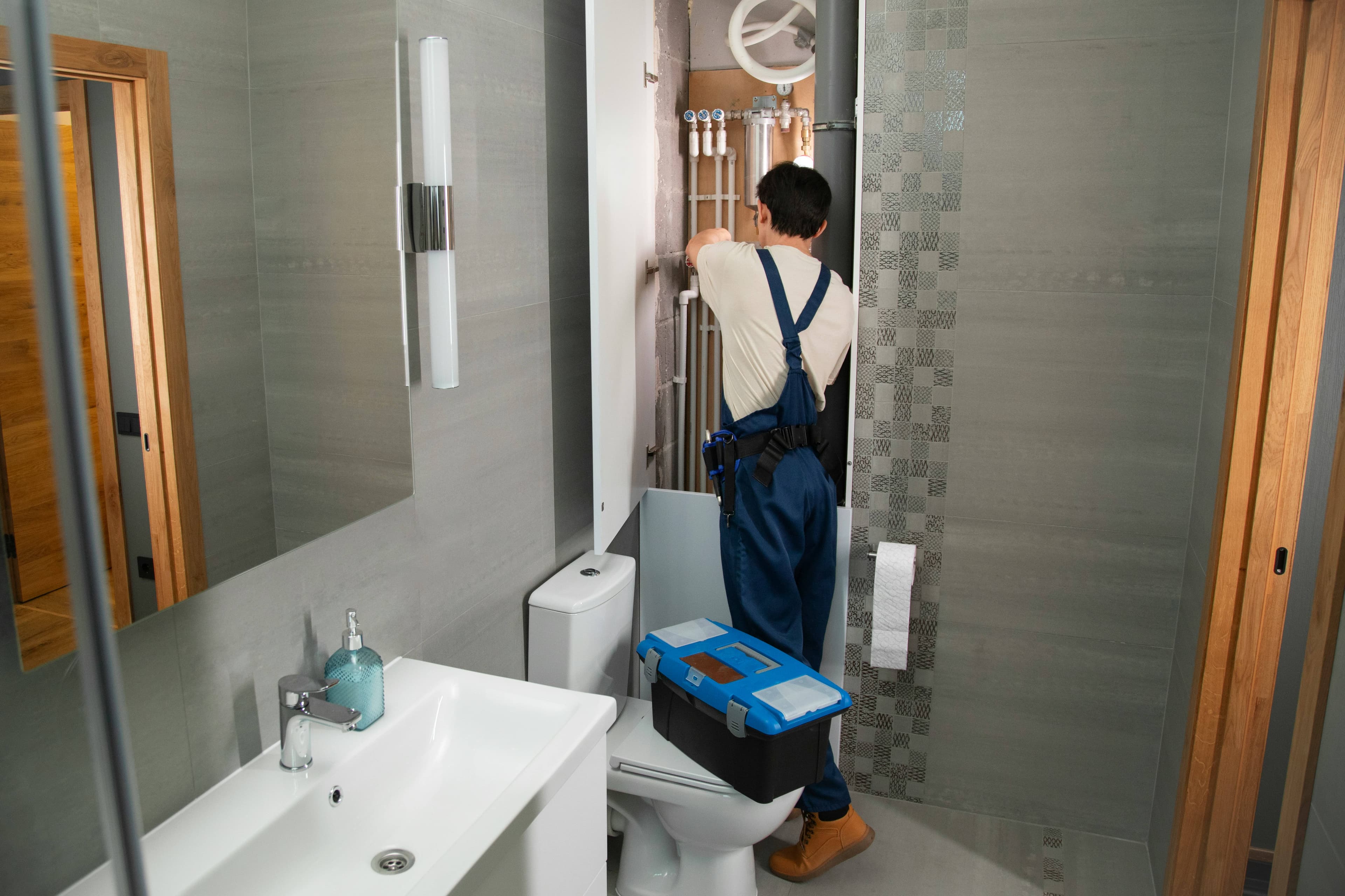 Professional plumber using drain cleaning equipment to clear a clogged drain